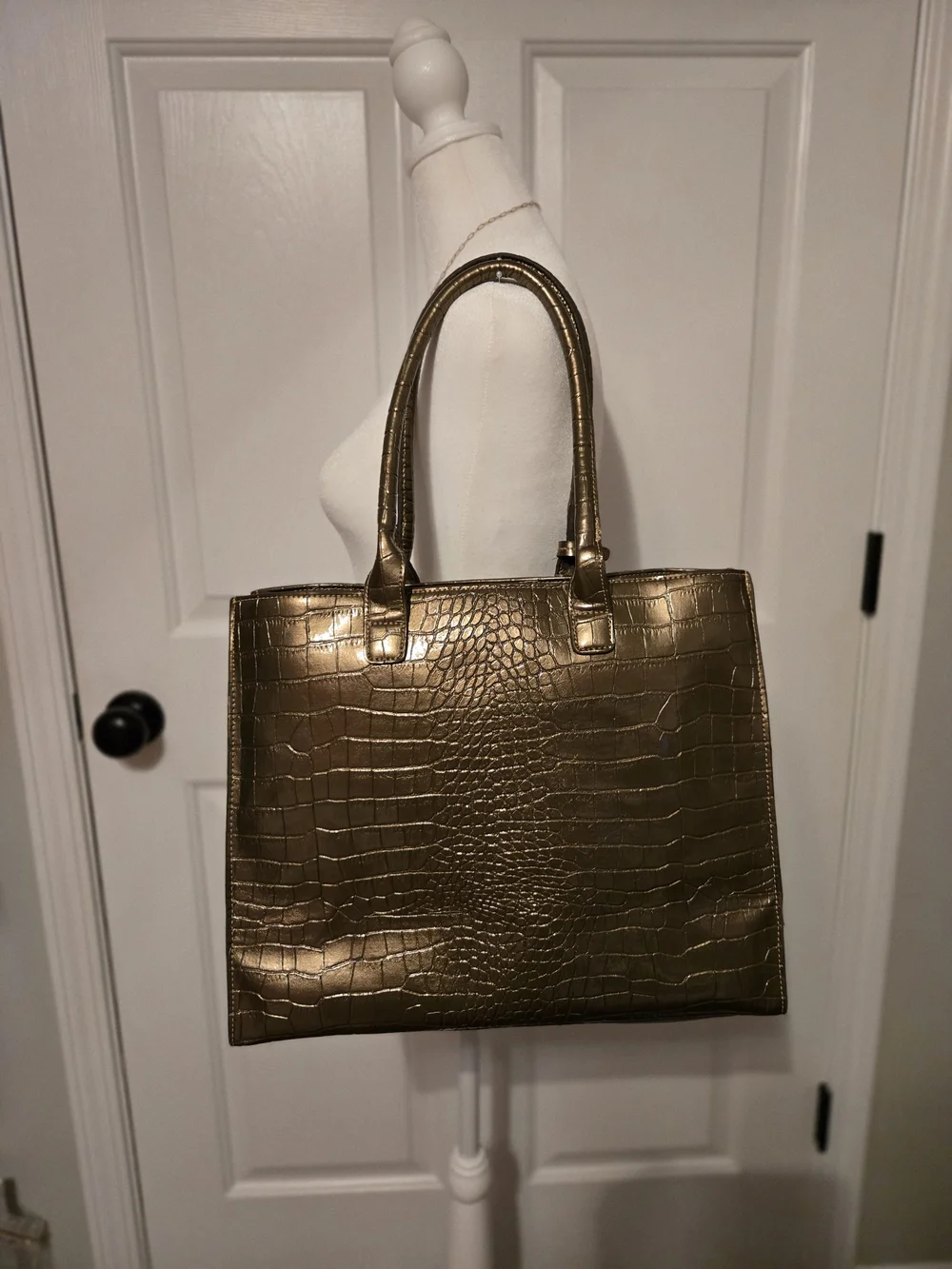 Metallic Croc-Embossed Tote Bag in Gold